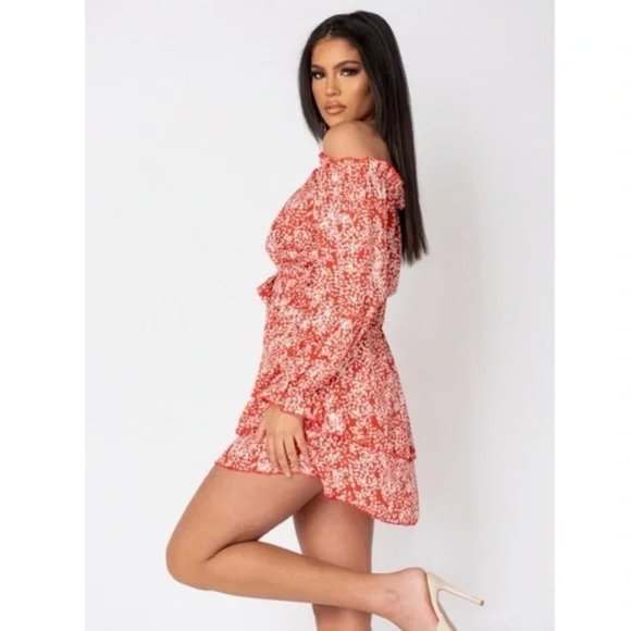 Red Floral Print Long Sleeve Off Shoulder Tiered Mini Dress - Picture 3 of 12